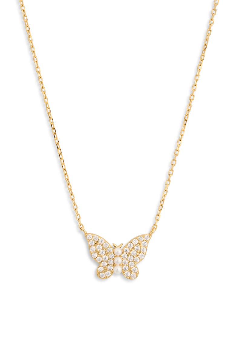 Faux Pearl & Pavé Butterfly Pendant Necklace, Main, color, GOLD