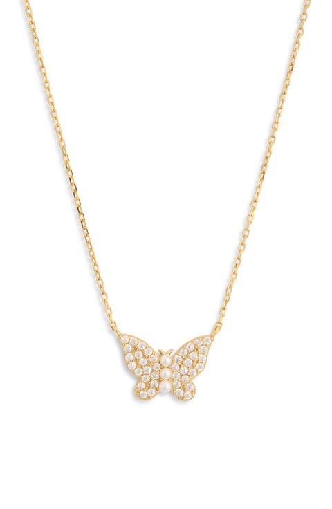 Faux Pearl & Pavé Butterfly Pendant Necklace