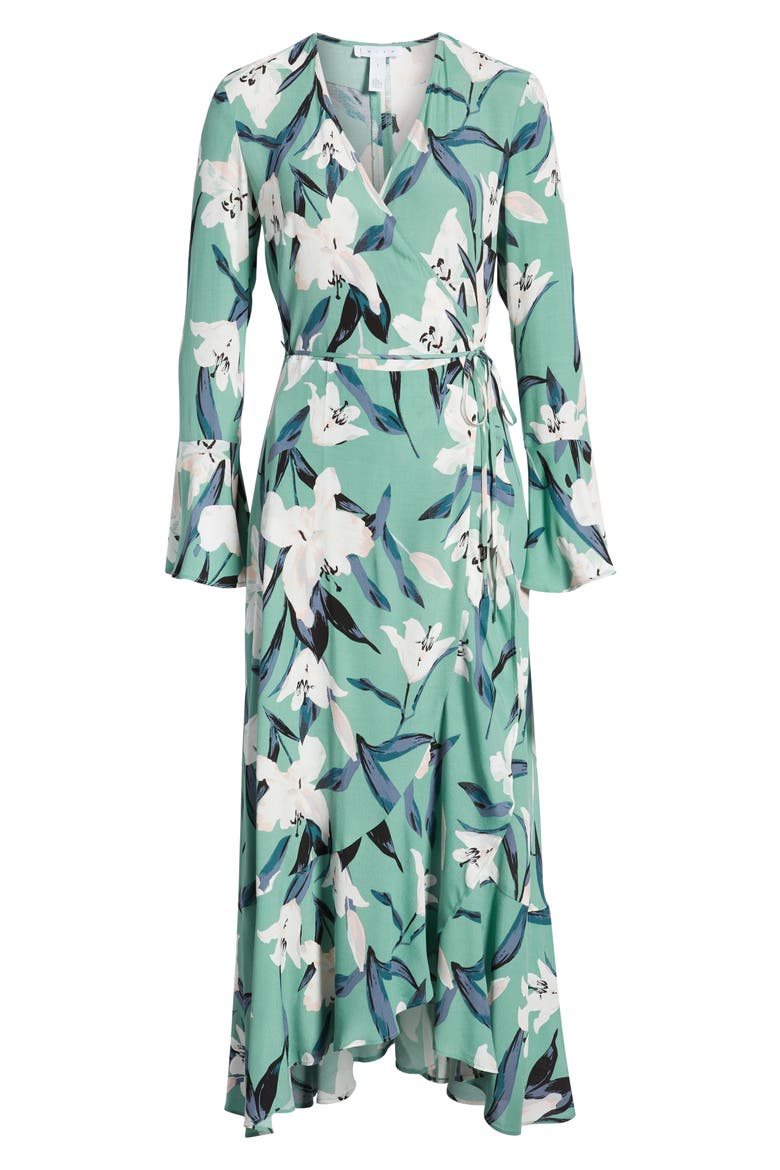 Bell Sleeve Wrap Midi Dress, Alternate, color, GREEN WING ROMANTIC FLR