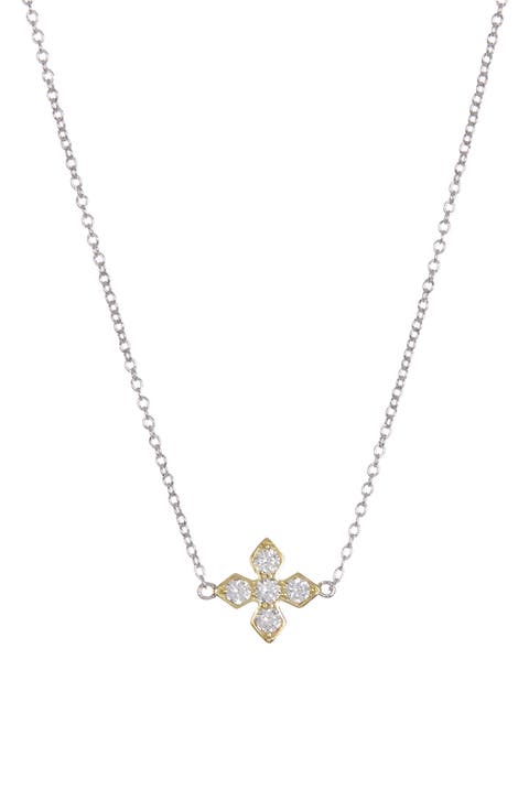 Two-Tone Simulated Diamond Maltese Cross Pendant Necklace
