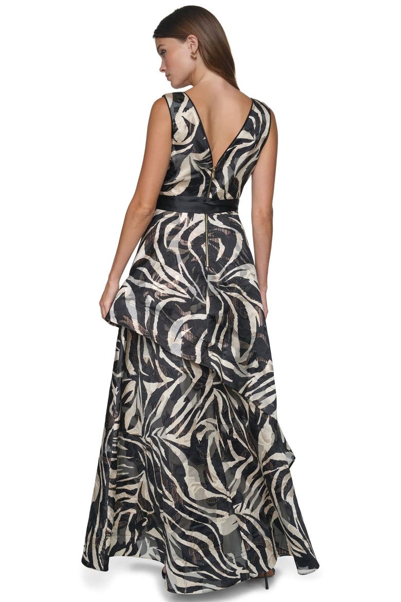 Printed Jacquard V-neck Gown with Layered Skirt, Alternate, color, Black/White