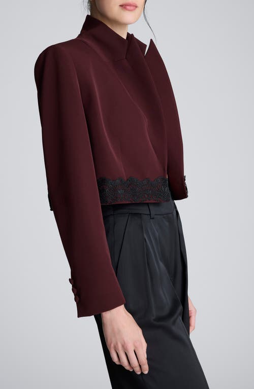 Kenneth Cole Luxe Twill Fitted Cropped Blazer With Lace Trim In Burgundy