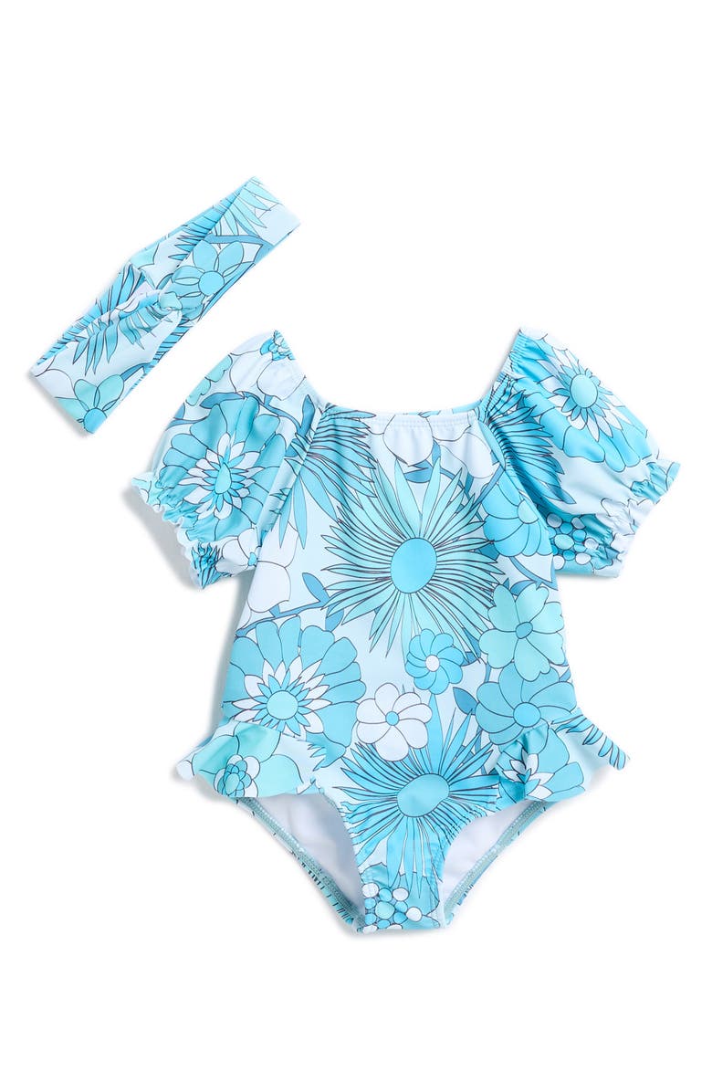 Jessica Simpson Floral Short Sleeve Rashguard Swimsuit & Headband Set, Main, color, 