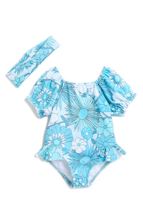 Floral Short Sleeve Rashguard Swimsuit & Headband Set (Baby)