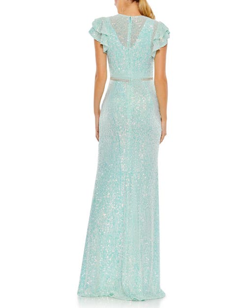 Mac Duggal Sequined High Neck Flutter Sleeve Gown