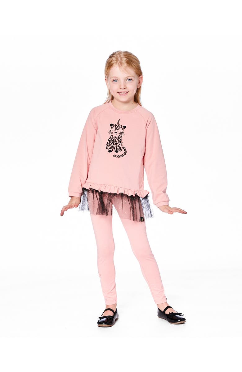 Deux par Deux Long Bi-Material Top with Mesh Ruffle Hem and Leopard, Main, color, Dusty Pink