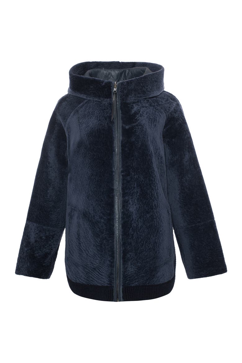 Reversible Textured Genuine Shearling Lamb Zip Parka with Ribbed Hem, Alternate, color, DARK BLUE/DARK BLUE