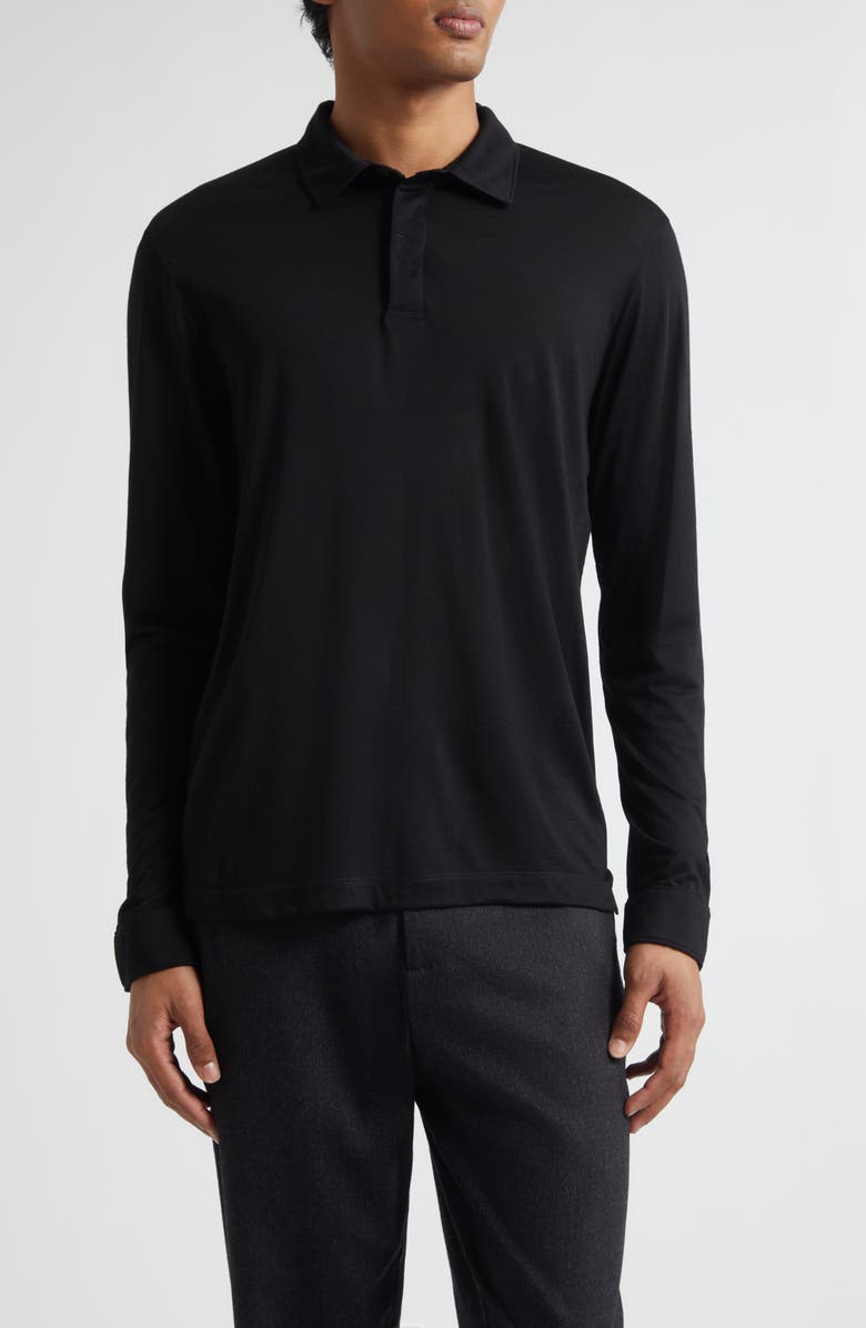 Sunspel Long Sleeve Wool Jersey Polo, Main, color, Black