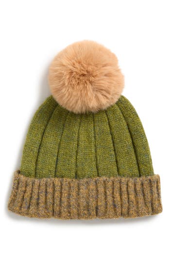 Tasha Faux Fur Pompom Cuffed Beanie In Green