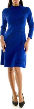 Nina Leonard Mock Neck Three-Quarter Sleeve Fit & Flare Dress