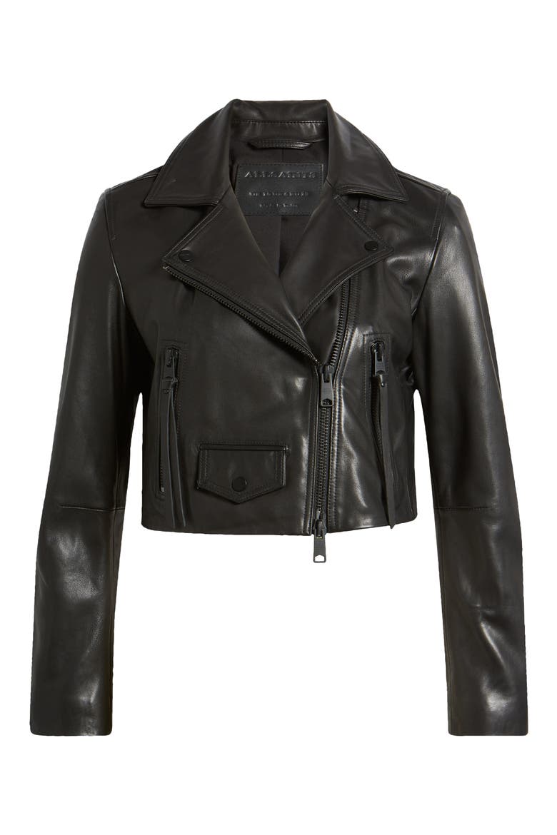 Elora Crop Leather Biker Jacket, Alternate, color, BLACK