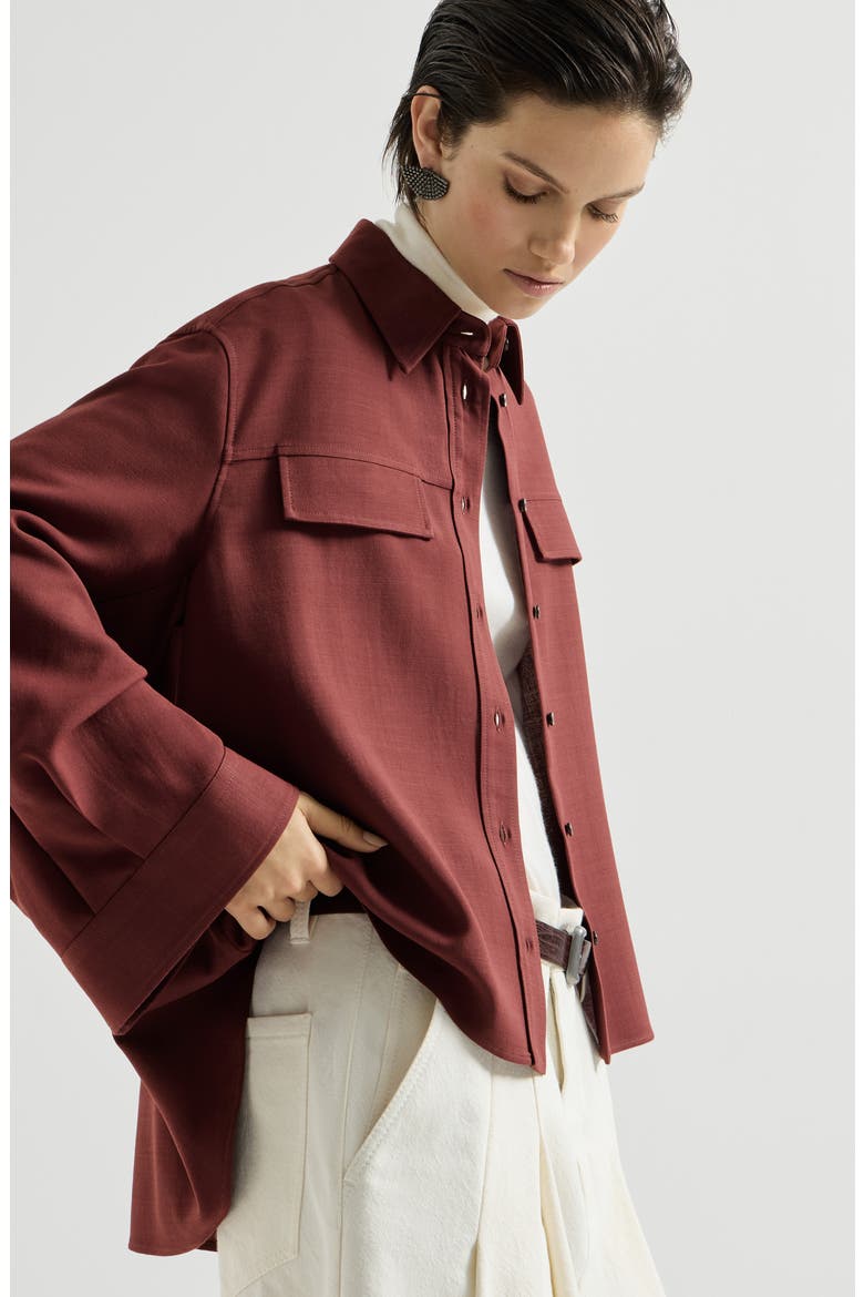 Virgin wool fluid twill cropped shirt, Alternate, color, Wine