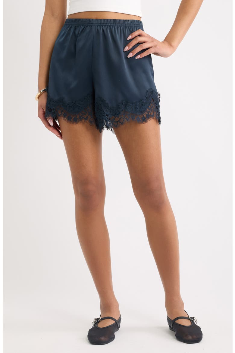 Lace Trim Satin Shorts, Main, color, NAVY COLLEGIATE