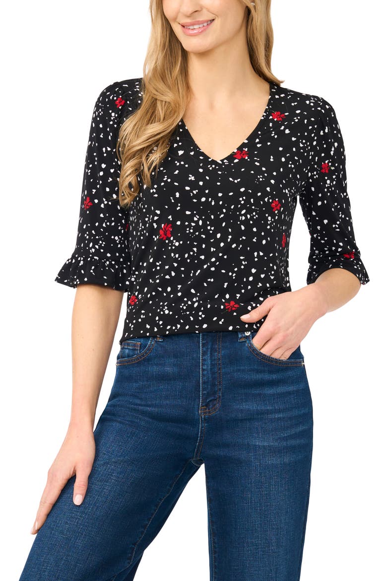 V-Neck Ruffled Cuff Top, Main, color, RICH BLACK