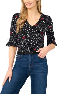 CeCe V-Neck Ruffled Cuff Top