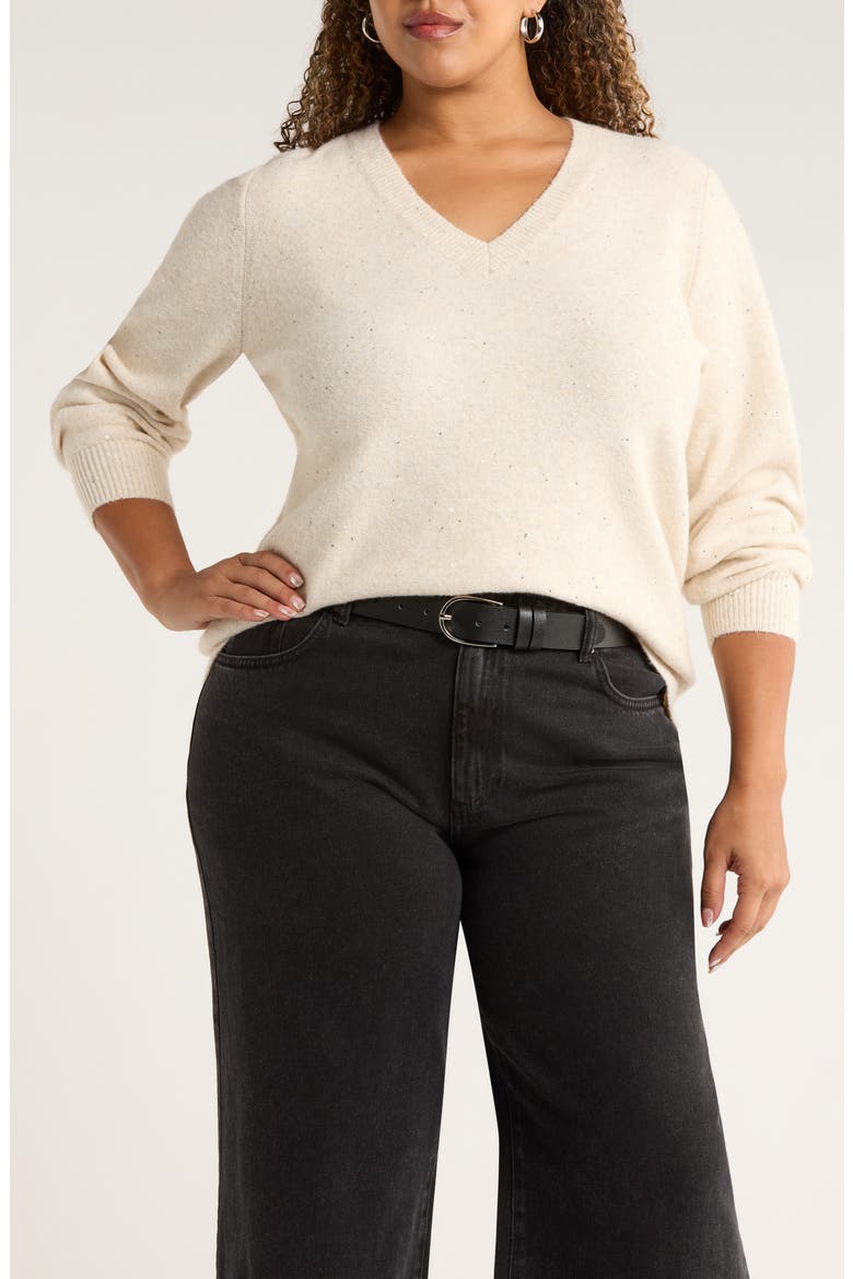 Sequin V-Neck Sweater, Main, color, BEIGE OATMEAL LIGHT HEATHER