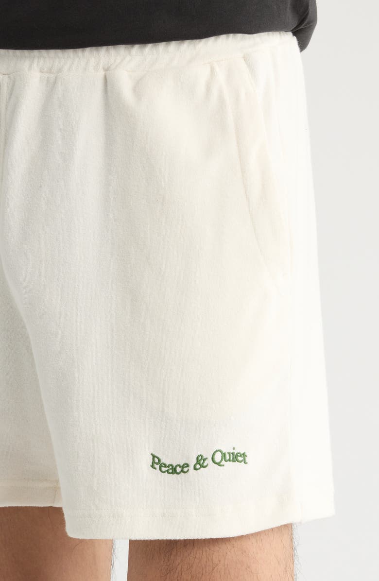 Museum of Peace & Quiet Wordmark Logo Embroidered Terry Cloth Shorts, Alternate, color, White