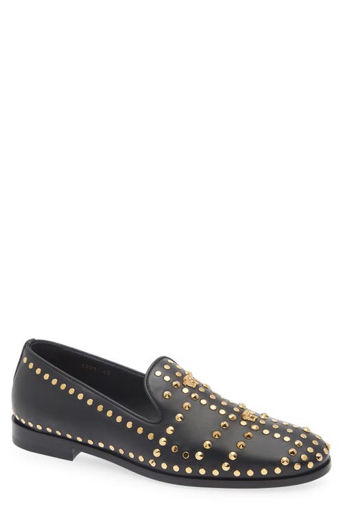 Versace Studded Medusa Leather Loafers In Black- Gold