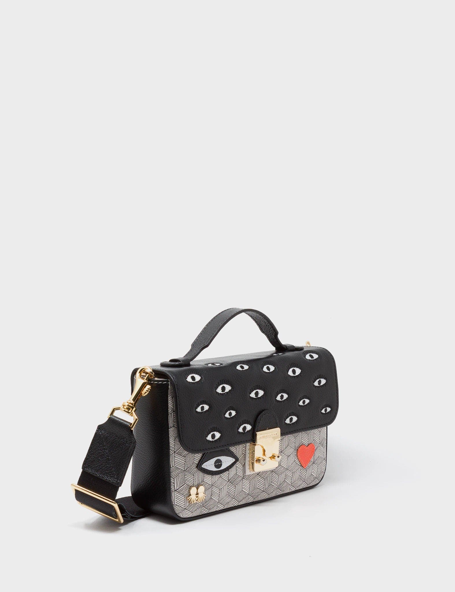 MIN & MON Amantis Leather Crossbody Mini Handbag - All Over Eyes Embroidery in Black 