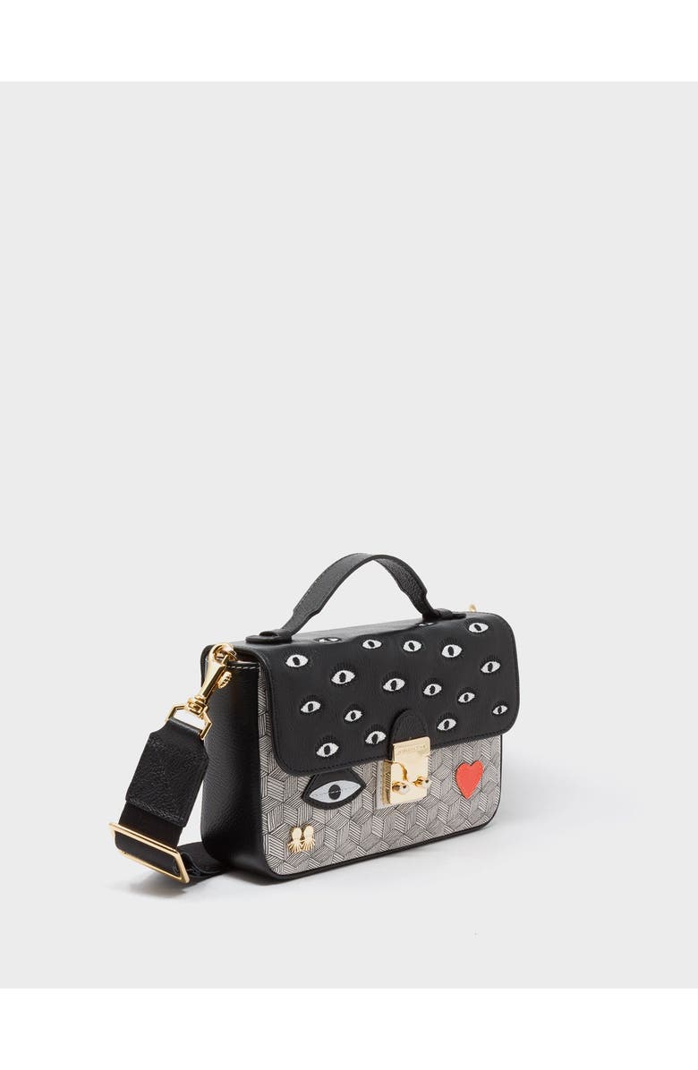 MIN & MON Amantis Leather Crossbody Mini Handbag - All Over Eyes Embroidery, Main, color, Black