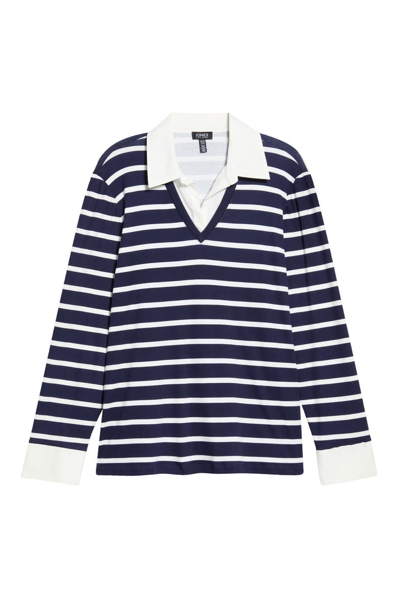Striped Cotton V-Neck Top with Poplin Trim, Alternate, color, PACIFIC NAVY/ NATURAL WHITE