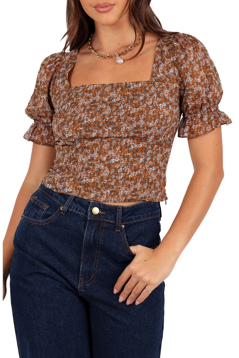 Lucie Puff Sleeve Crop Top, Main, color, CAMEL