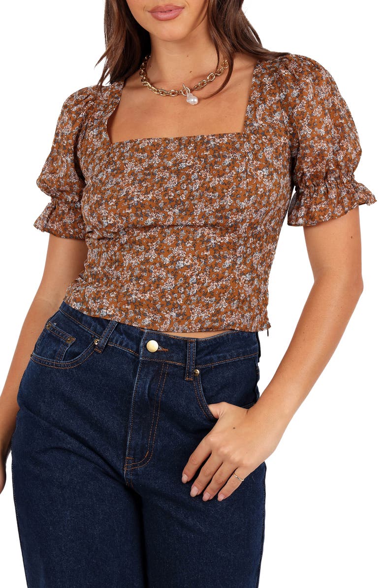 Petal & Pup Lucie Puff Sleeve Crop Top, Main, color, Camel