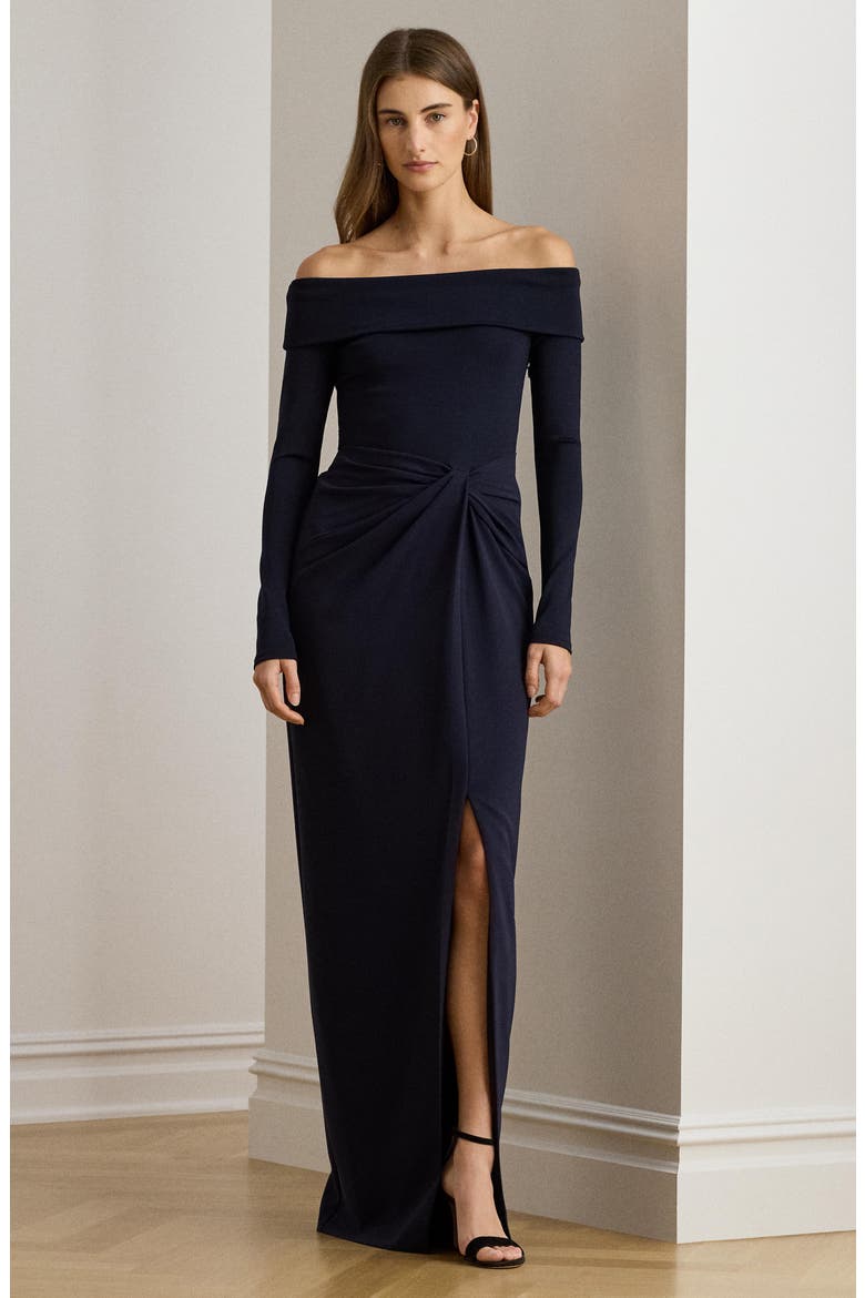 Off the Shoulder Long Sleeve Rib & Crepe Gown, Alternate, color, LIGHTHOUSE NAVY