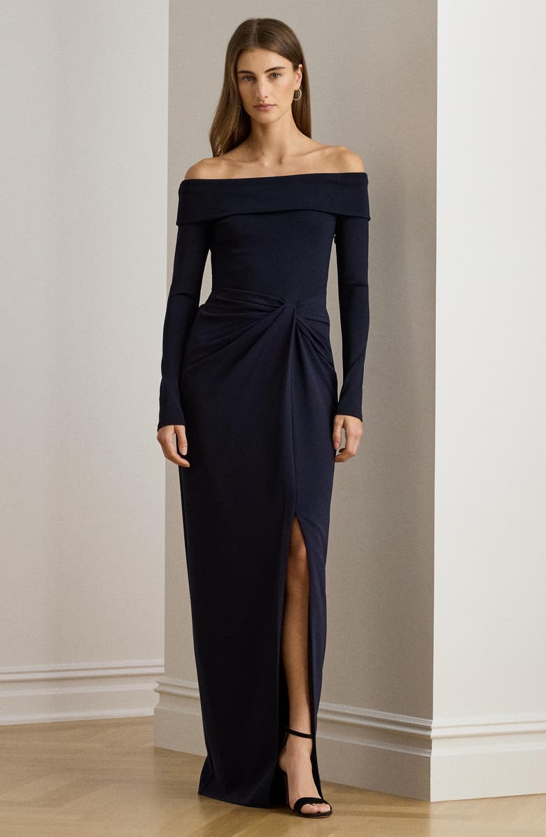 Lauren Ralph Lauren Off the Shoulder Long Sleeve Rib & Crepe Gown, Alternate, color, Lighthouse Navy