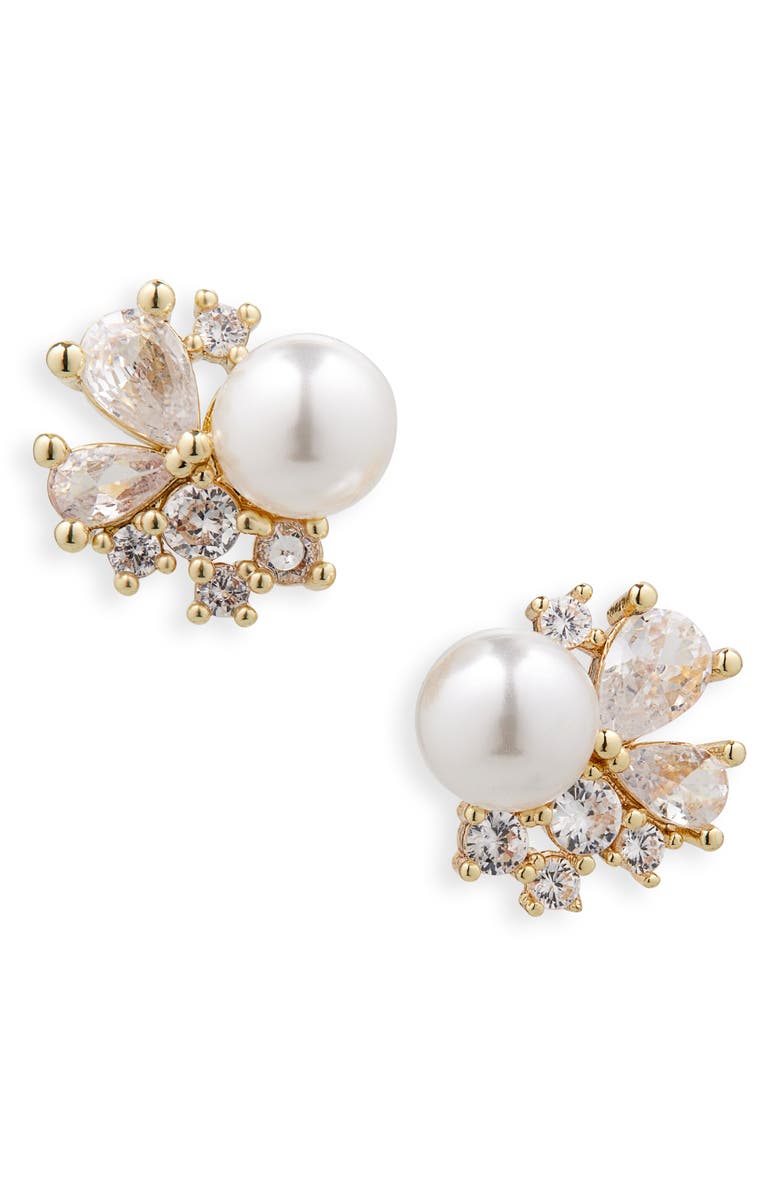 NORDSTROM RACK Cubic Zirconia Crown Faux Pearl Stud Earrings, Main, color, Clear- White- Gold