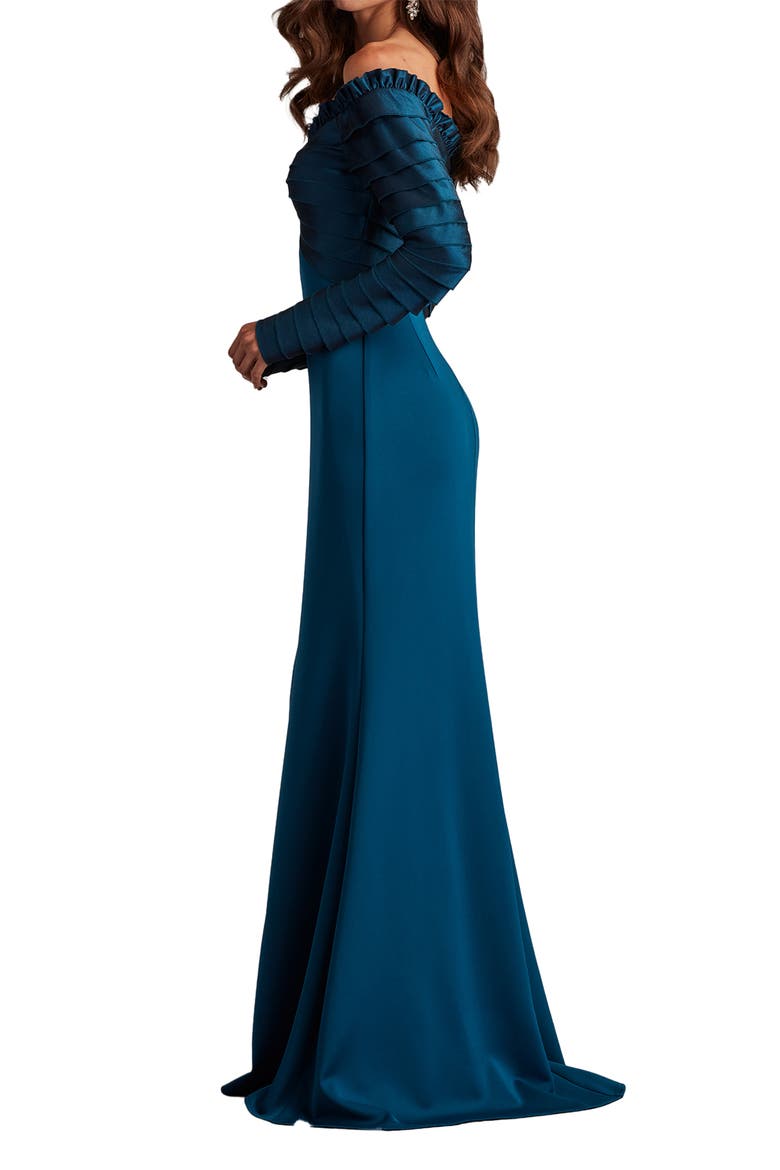 Off the Shoulder Long Sleeve Mermaid Gown, Alternate, color, CERULEAN