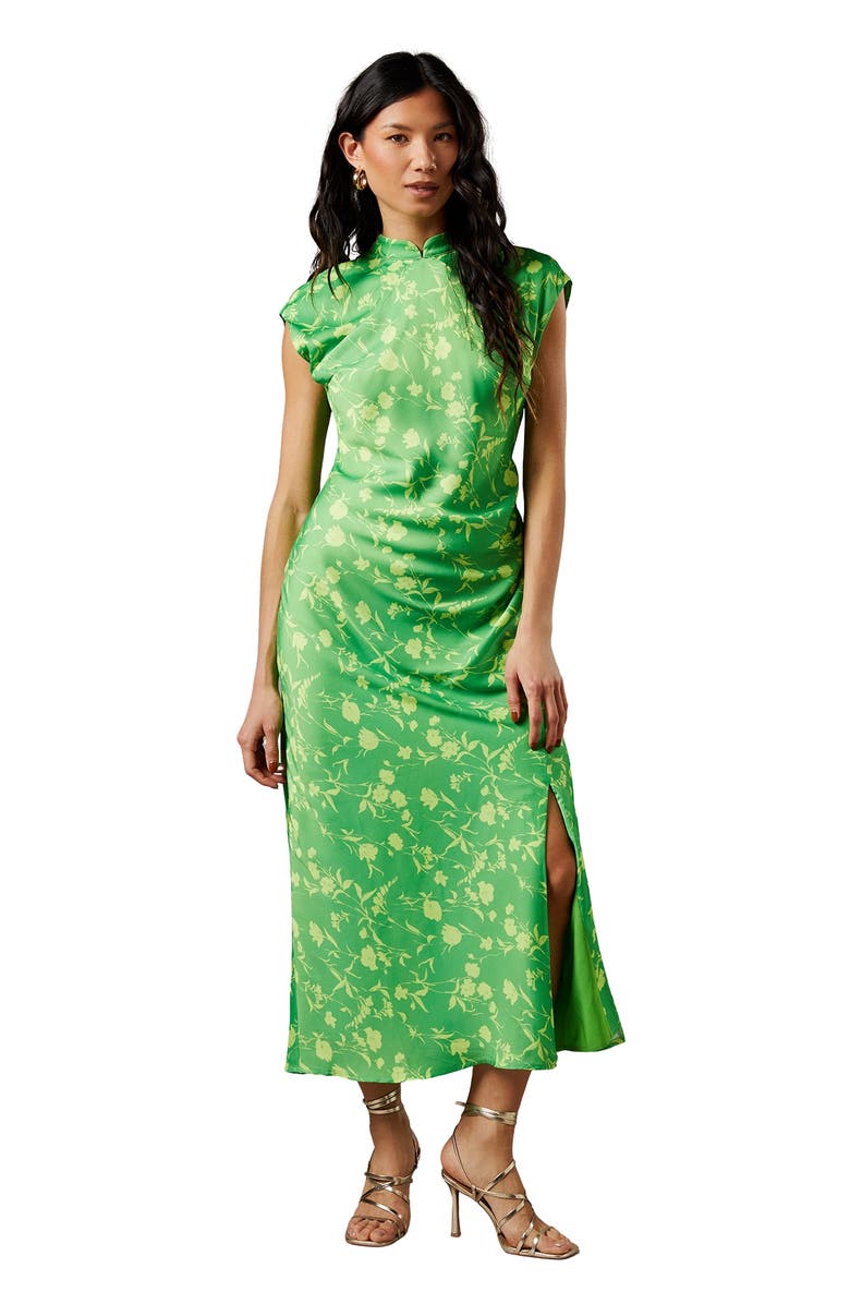 Warehouse Crinkle Satin Button Side Midi Dress, Main, color, Floral