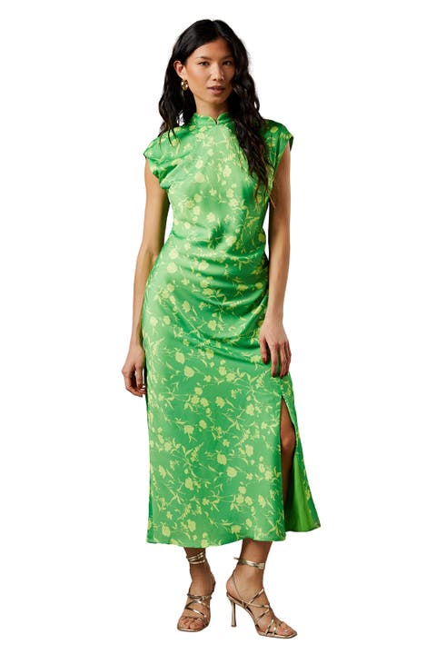 Crinkle Satin Button Side Midi Dress