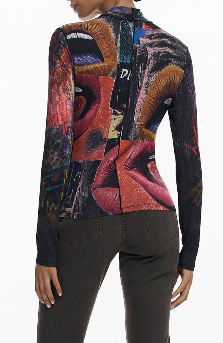 Desigual Long Sleeve Lip Print Top, Alternate, color, Black