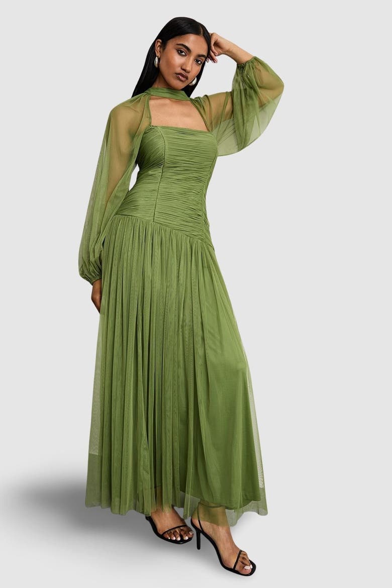 Bow Detail Gathered Tulle Maxi Dress, Main, color, Green