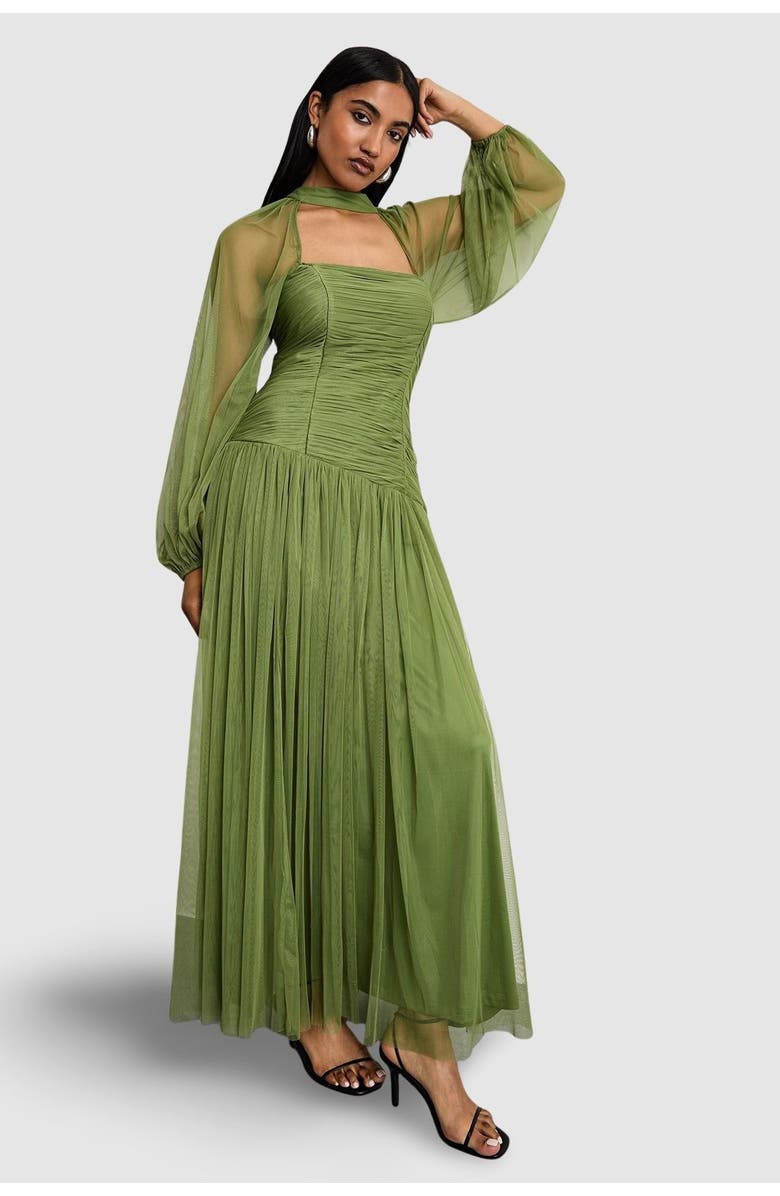 Warehouse Bow Detail Gathered Tulle Maxi Dress, Main, color, Green
