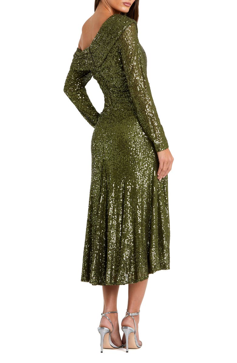 Mac Duggal Women's One Shoulder Sequin Long Sleeve Midi Dress, Alternate, color, Olive