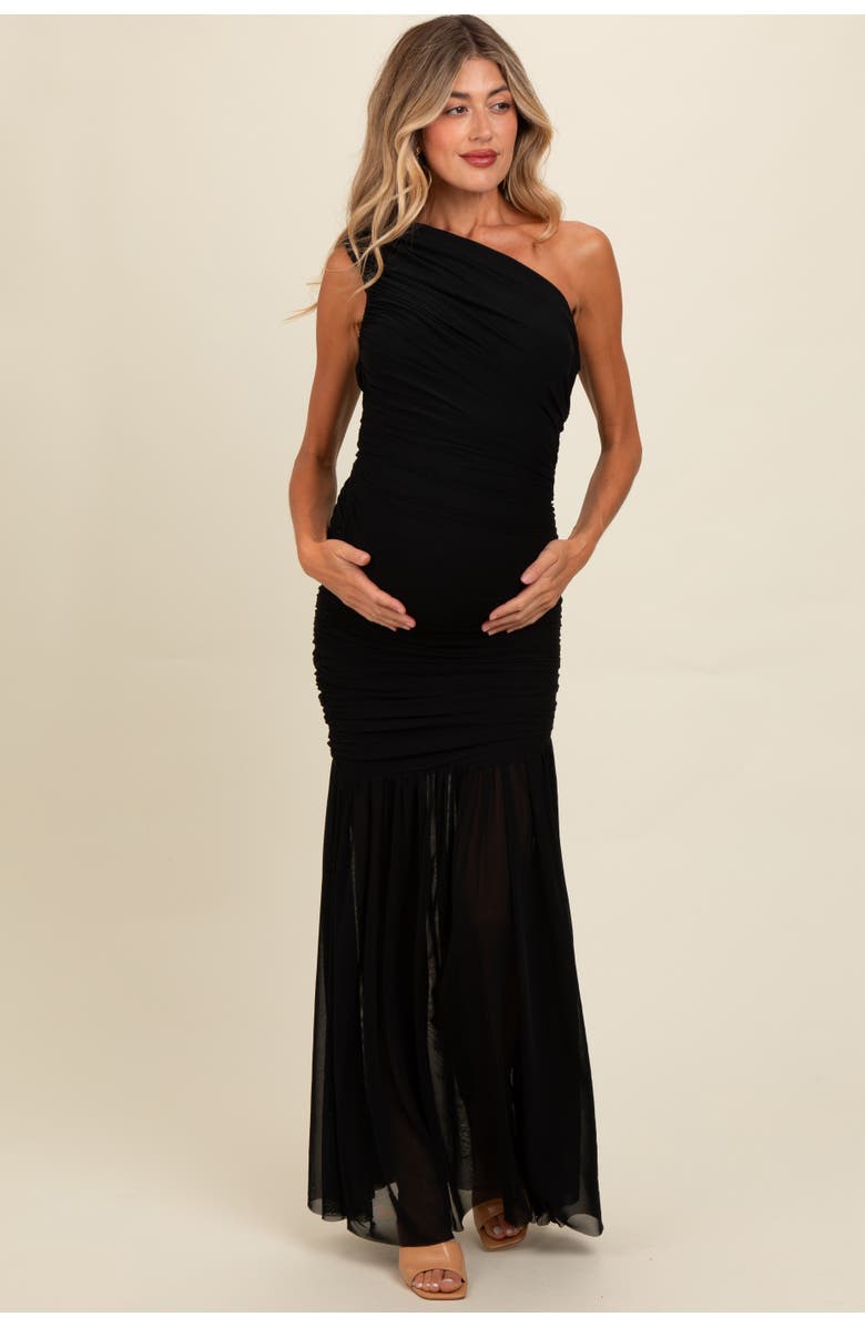 PinkBlush Ruched Mesh One Shoulder Maxi Dress, Main, color, Black