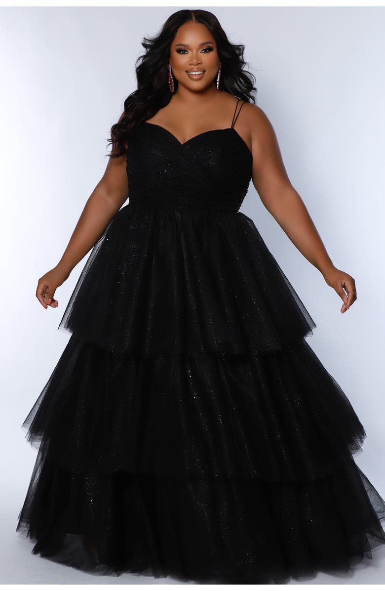 Sydney's Closet Spaghetti Strap Teired Plus Size Ballgown, Main, color, Black