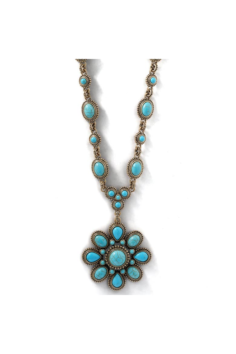 Women's Large Turquoise Stone Flower Necklace in Silver or Gold Tone, Alternate, color, Gold, turquoise