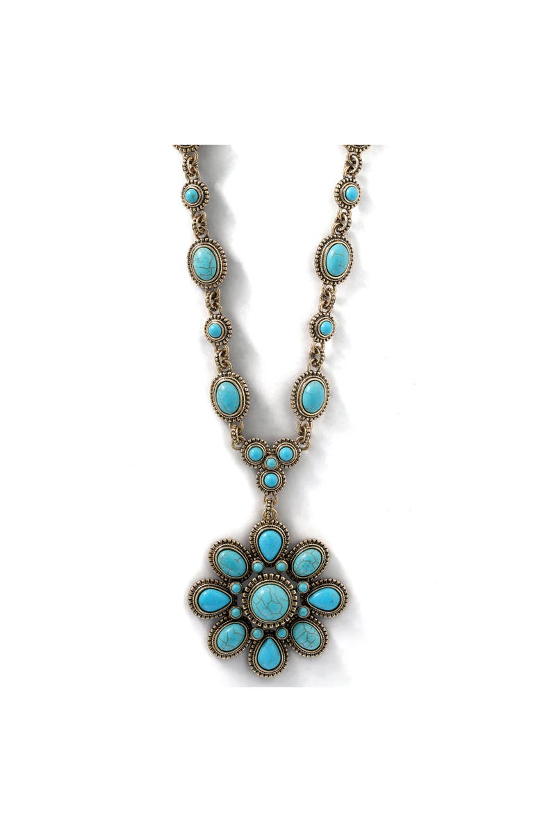 Jessica Simpson Women's Large Turquoise Stone Flower Necklace in Silver or Gold Tone, Alternate, color, Gold, Turquoise