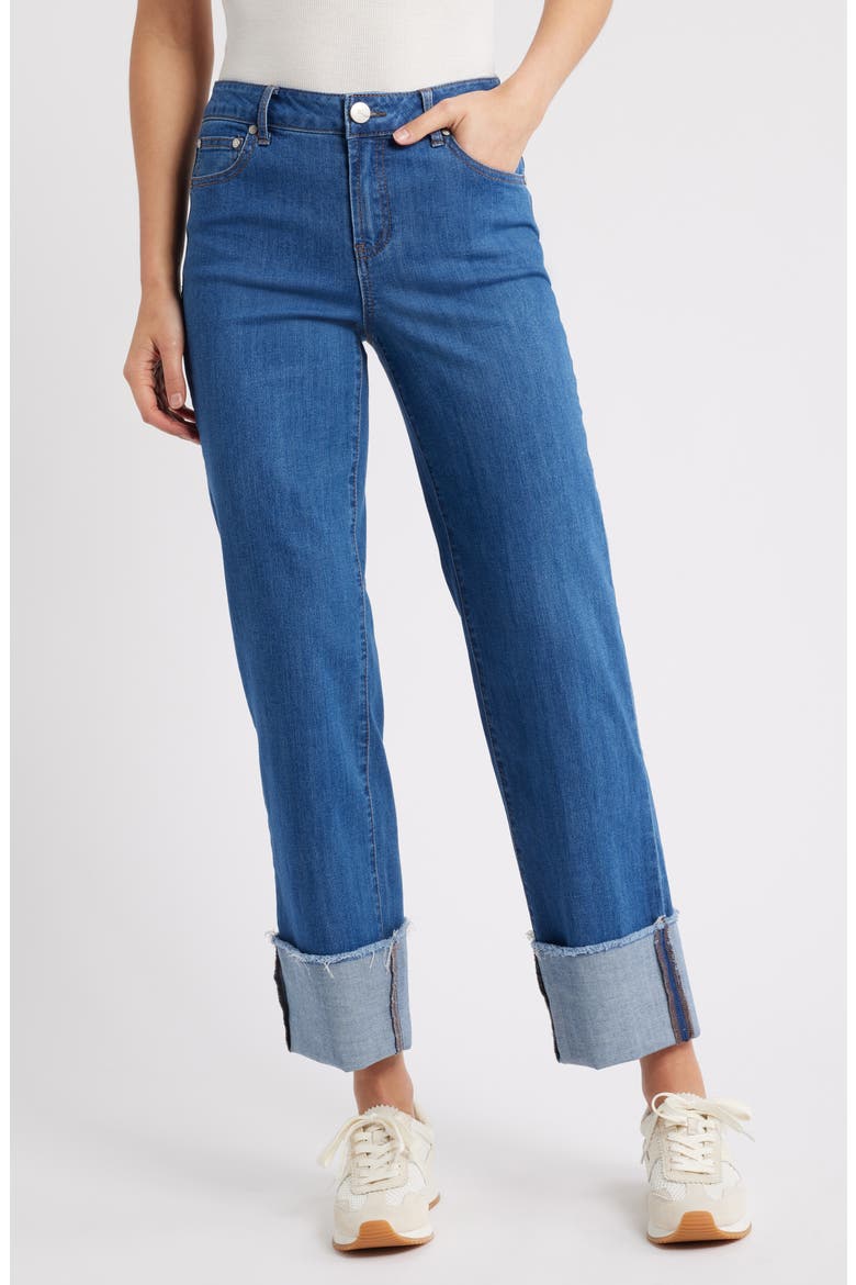Cuffed Raw Hem Mid Rise Straight Leg Jeans, Main, color, SELMA