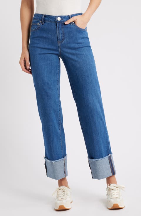 Cuffed Raw Hem Mid Rise Straight Leg Jeans (Selma)