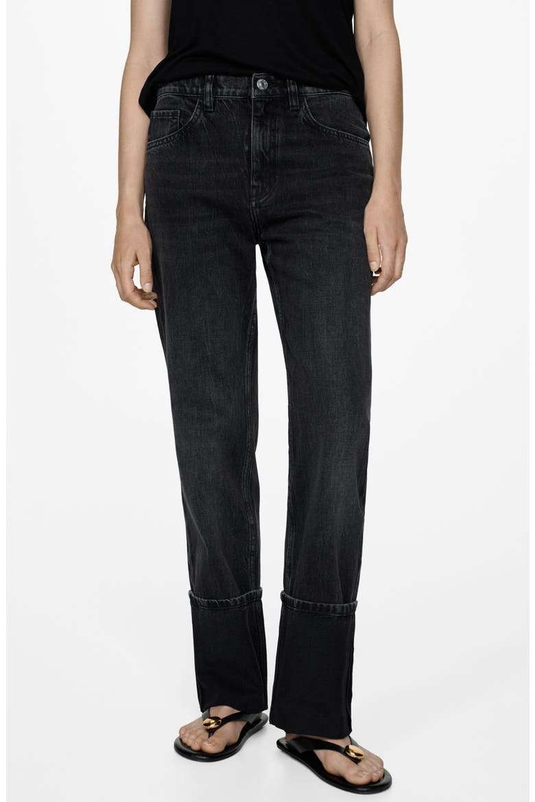 Turn-Up Hem Straight Leg Jeans, Main, color, BLACK DENIM