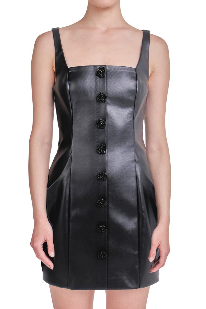 Button Faux Leather Minidress, Alternate, color, BLACK