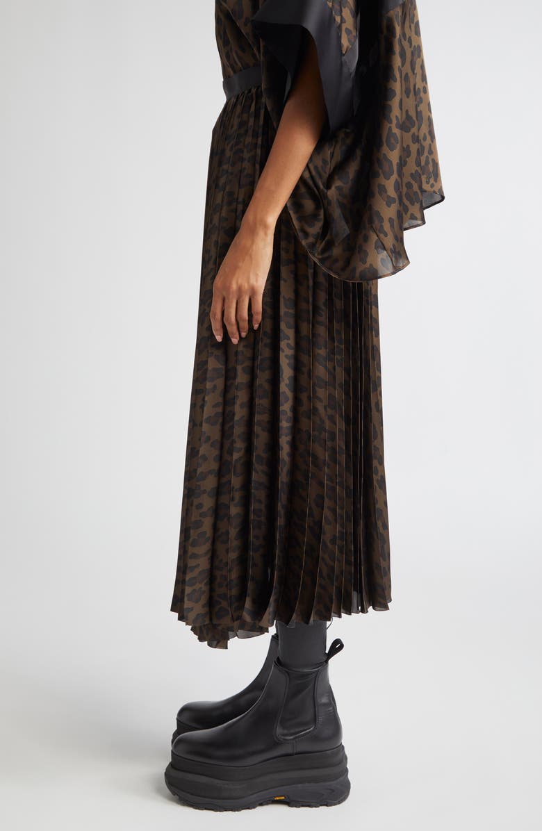 Sacai Pleated Leopard Print Satin Midi Skirt, Alternate, color, 