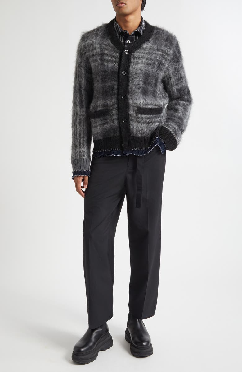 Sacai Plaid Distressed Mohair Blend Cardigan, Alternate, color, Black