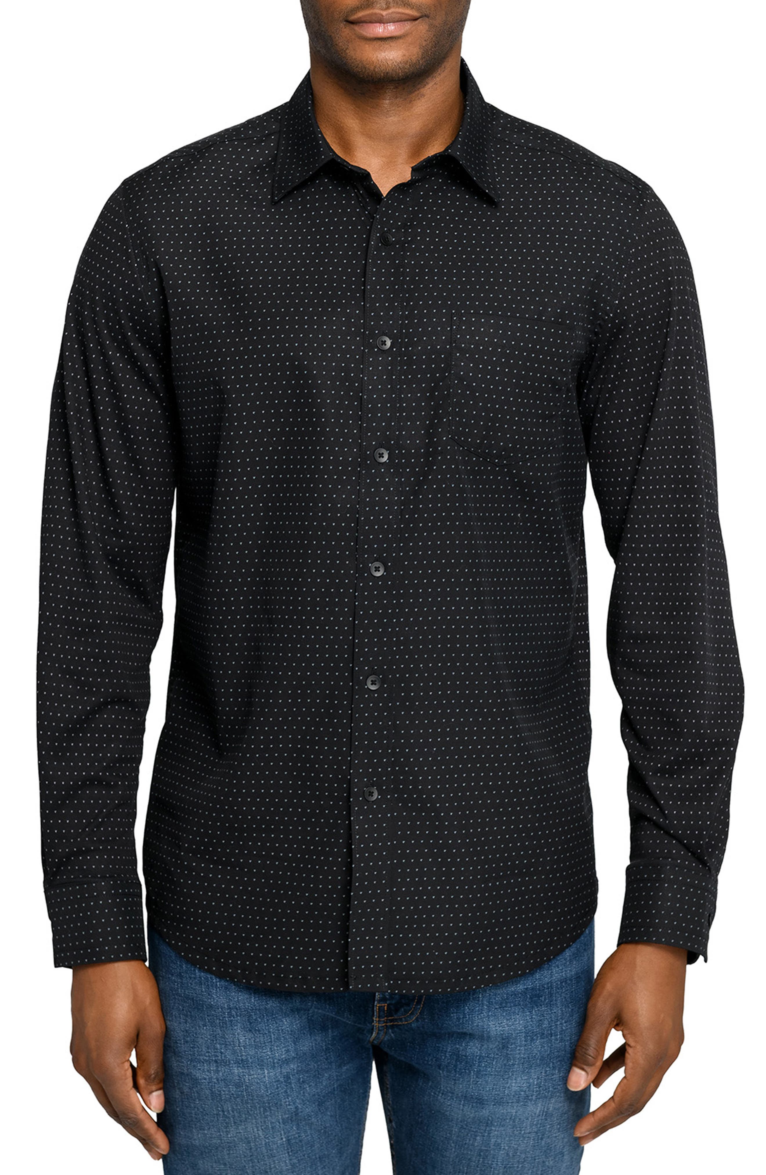 Wrk W.r.k Slim Fit Micro Geo Reworked Cotton Button-up Shirt In Black