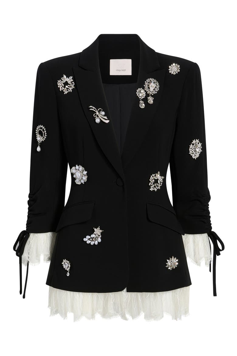 Roxie Crystal Brooch Blazer, Alternate, color, BLACK/ IVORY