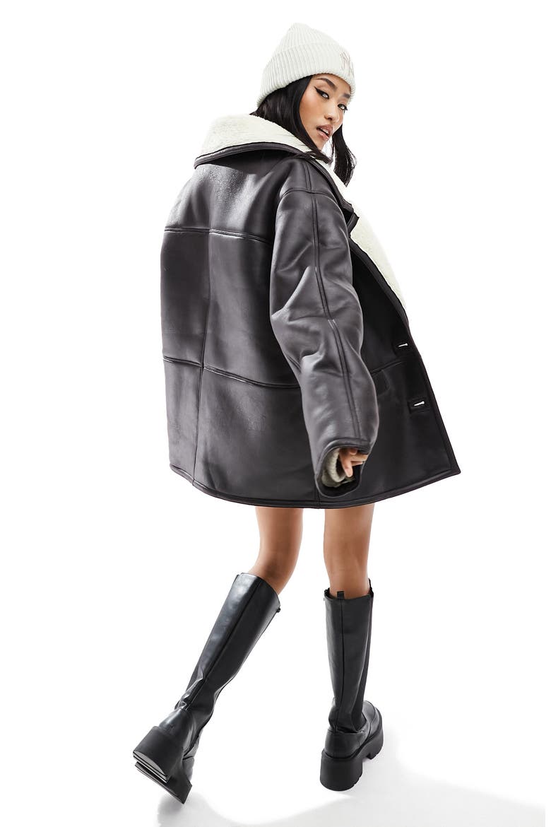 Faux Leather & Faux Shearling Car Coat, Alternate, color, BROWN